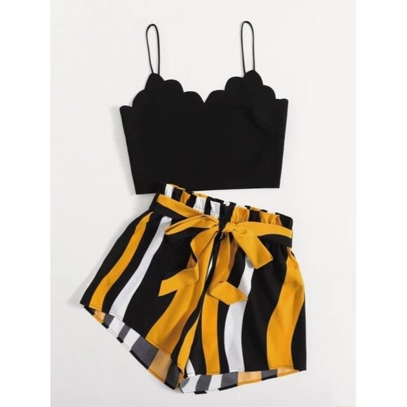 New SHEIN VCAY Scallop Trim Cami Top & Paperbag Waist Striped Shorts Set - Small - Picture 8 of 8